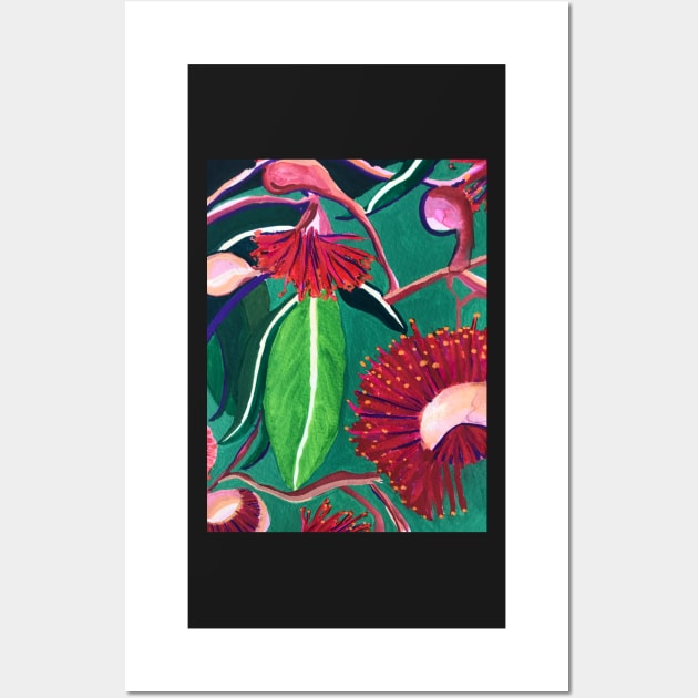 Native Australian Gum Flowers and Leaves Design in Red and Green by Leah Gay Wall Art by leahgay